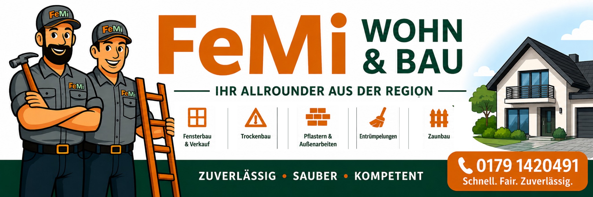 FeMi Wohn & Bau – Ihr Allrounder aus der Region mit Fensterbau, Trockenbau, Pflaster- und Außenarbeiten, Entrümpelungen und Zaunbau